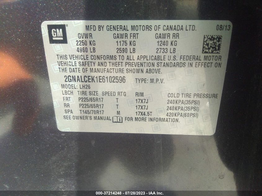 2014 CHEVROLET EQUINOX LT - 2GNALCEK1E6102596