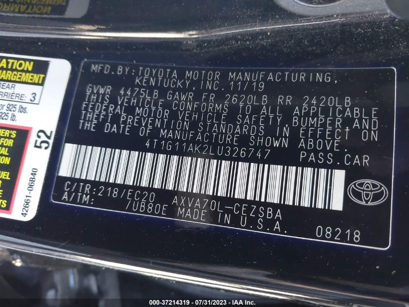 2020 TOYOTA CAMRY SE - 4T1G11AK2LU326747