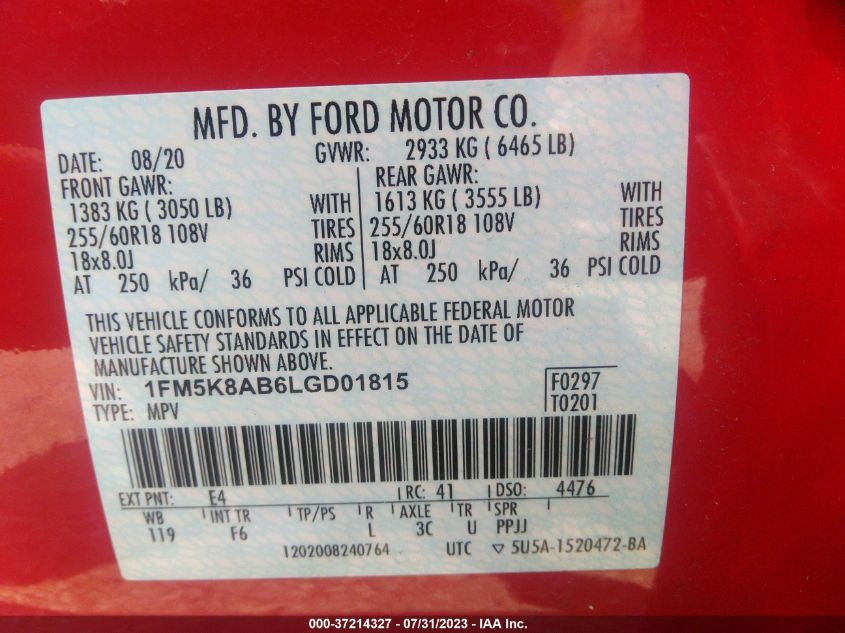 2020 FORD POLICE INTERCEPTOR - 1FM5K8AB6LGD01815