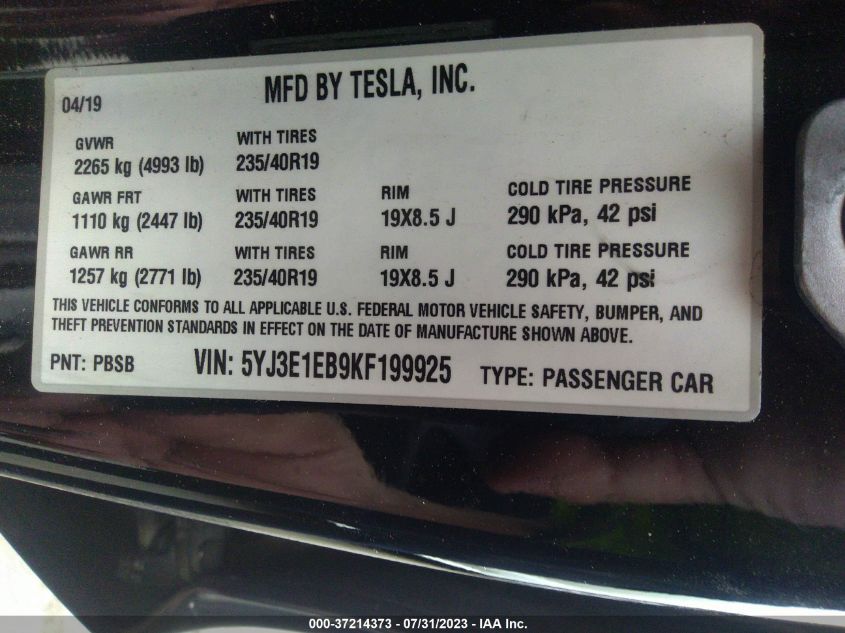 2019 TESLA MODEL 3 LONG RANGE/PERFORMANCE - 5YJ3E1EB9KF199925