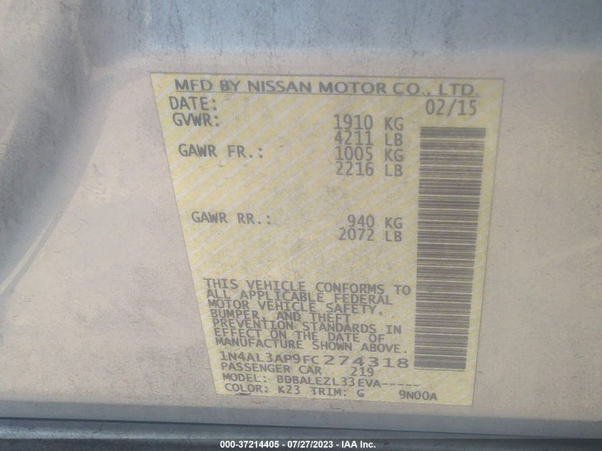 2015 NISSAN ALTIMA 2.5 - 1N4AL3AP9FC274318
