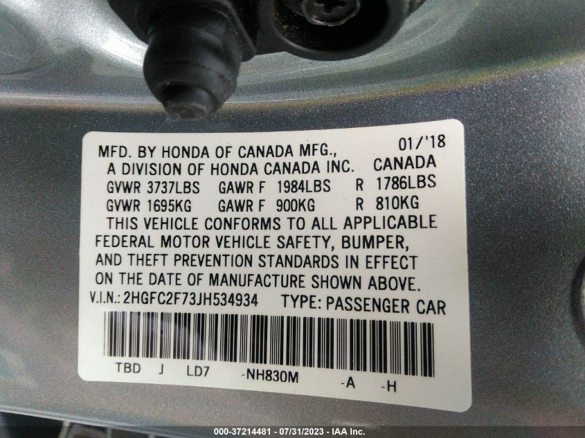 2018 HONDA CIVIC SEDAN EX - 2HGFC2F73JH534934