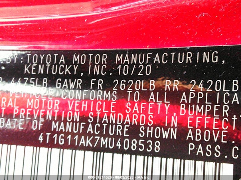 2021 TOYOTA CAMRY SE - 4T1G11AK7MU408538