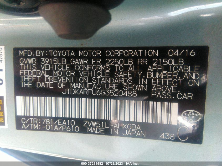 2016 TOYOTA PRIUS FOUR - JTDKARFU6G3520488