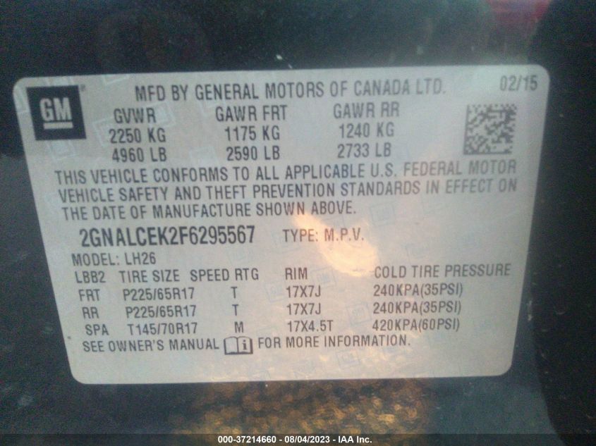 2015 CHEVROLET EQUINOX LT - 2GNALCEK2F6295567