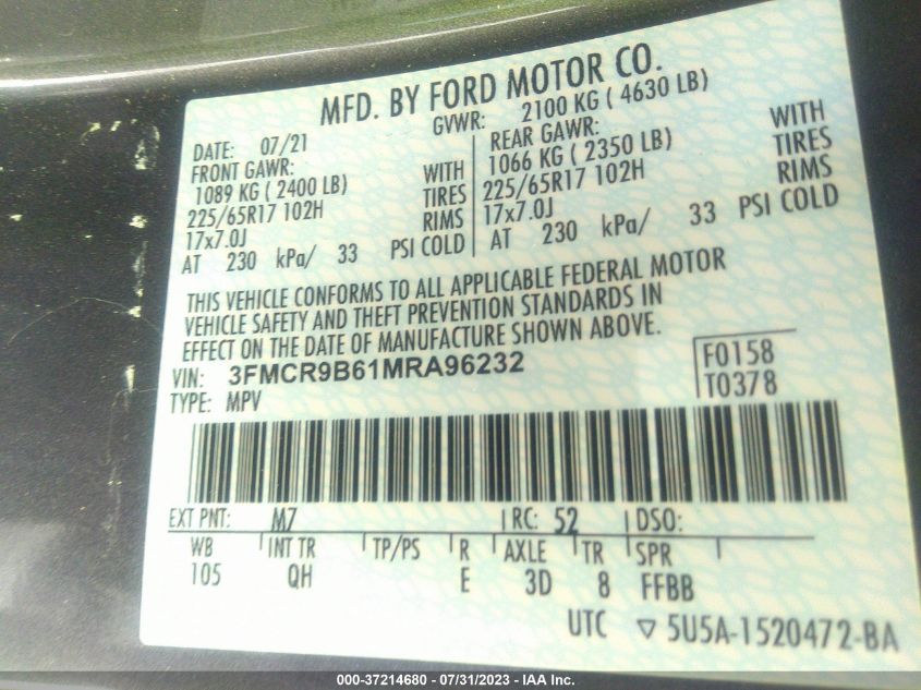 2021 FORD BRONCO SPORT BIG BEND - 3FMCR9B61MRA96232