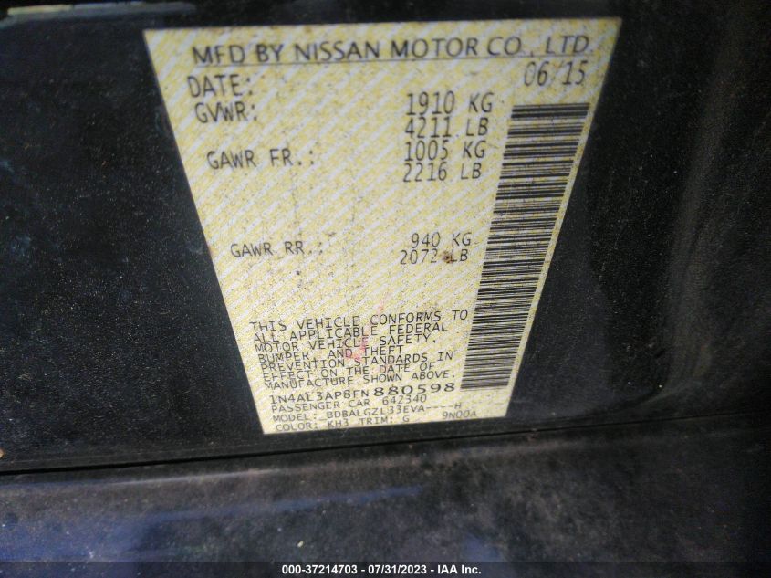 2015 NISSAN ALTIMA 2.5/S/SV/SL - 1N4AL3AP8FN880598