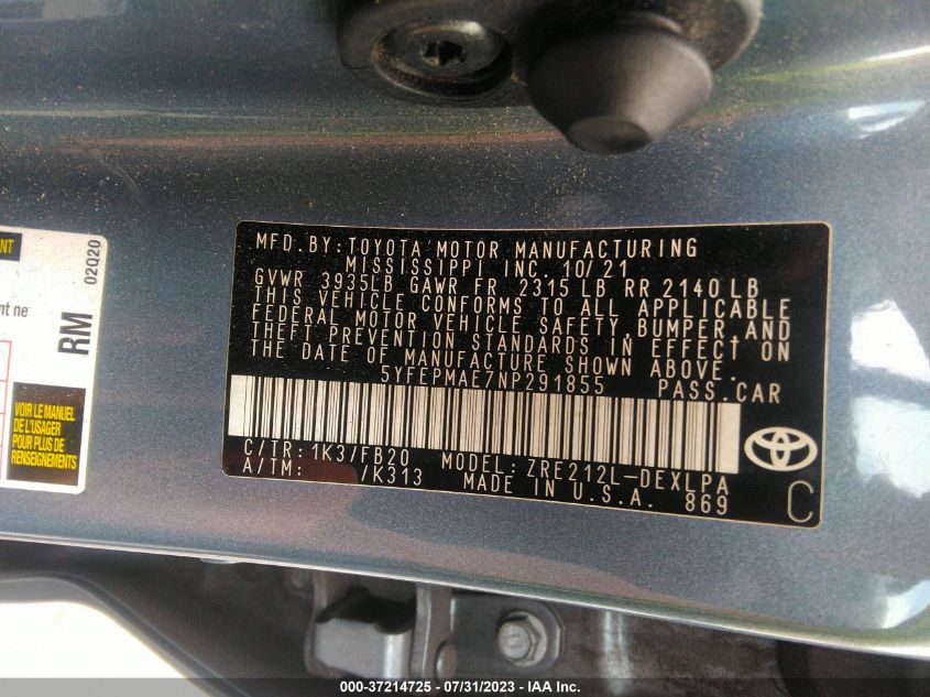 2022 TOYOTA COROLLA LE - 5YFEPMAE7NP291855