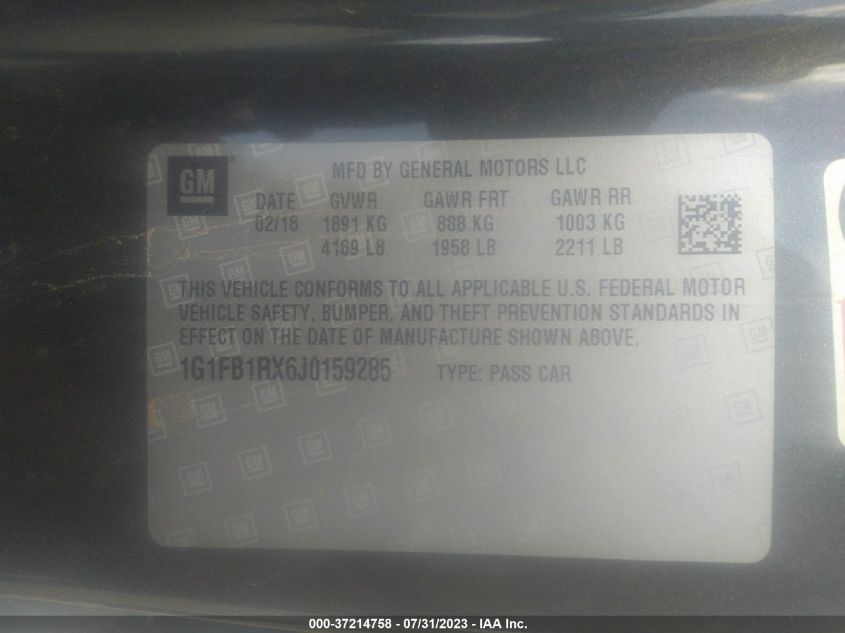2018 CHEVROLET CAMARO LT - 1G1FB1RX6J0159285