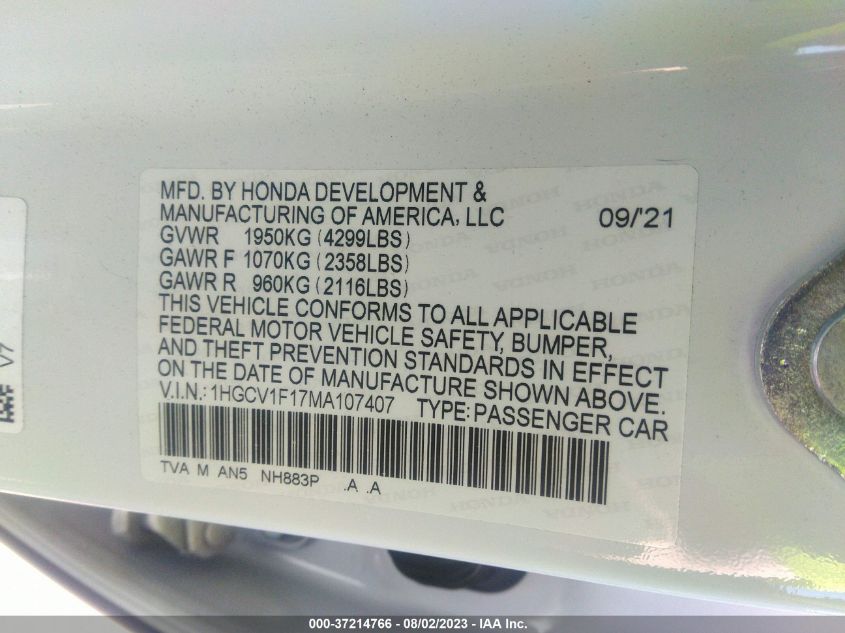 2021 HONDA ACCORD SEDAN LX - 1HGCV1F17MA107407