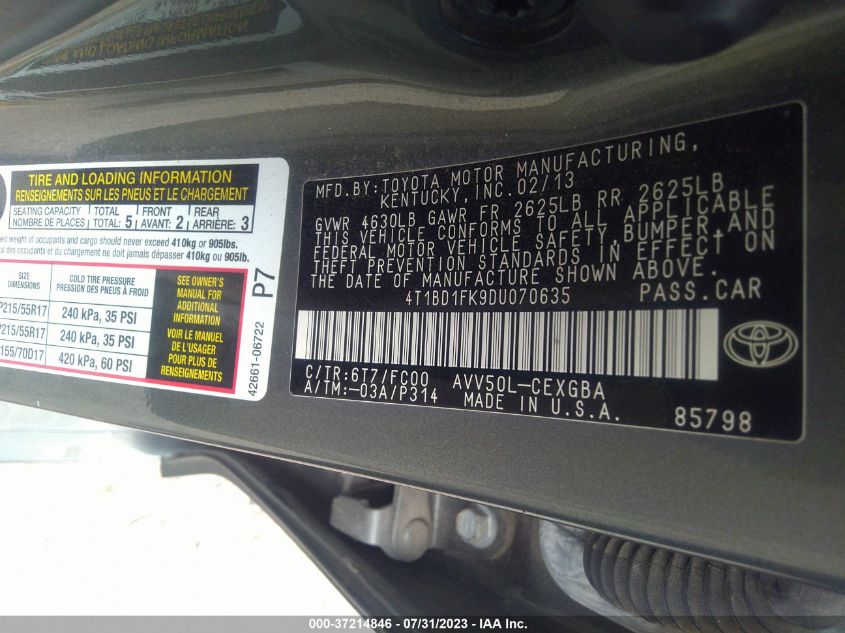2013 TOYOTA CAMRY HYBRID LE/XLE - 4T1BD1FK9DU070635
