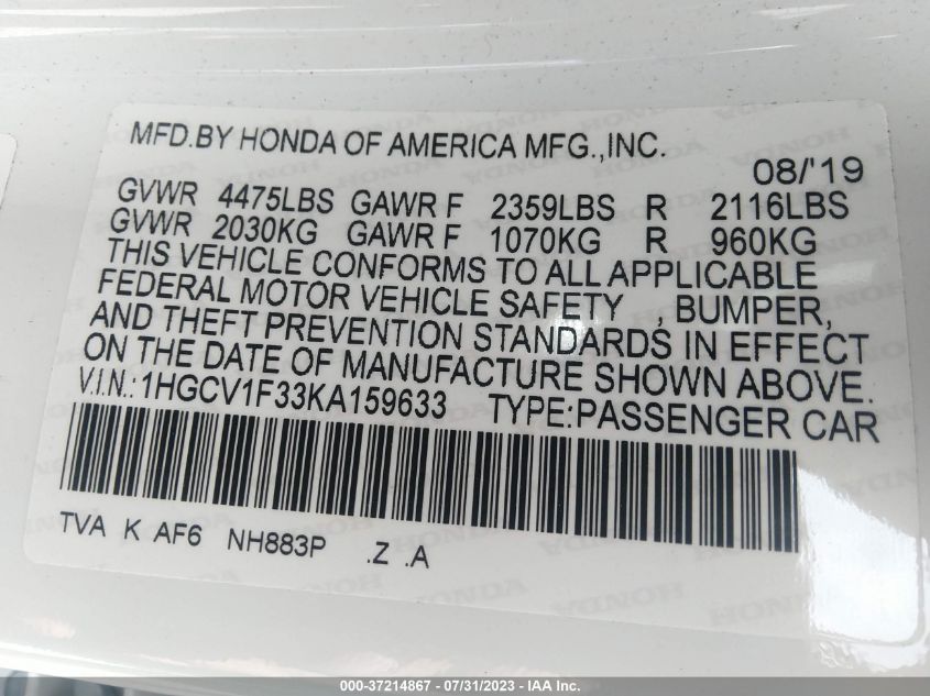 2019 HONDA ACCORD SEDAN SPORT 1.5T - 1HGCV1F33KA159633