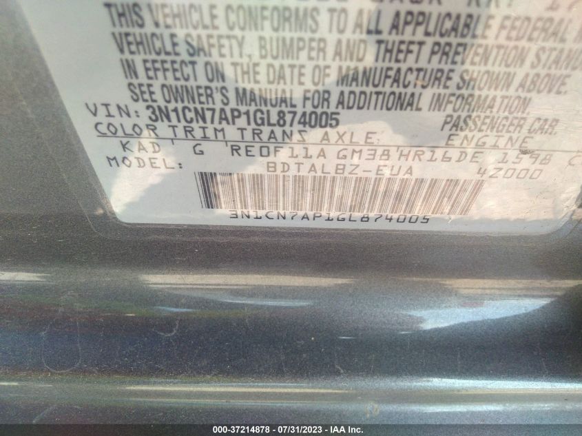 2016 NISSAN VERSA SV - 3N1CN7AP1GL874005