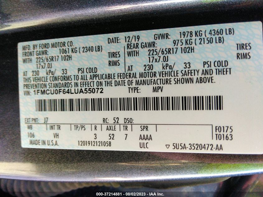 1FMCU0F64LUA55072 2020 FORD ESCAPE, photo no. 9