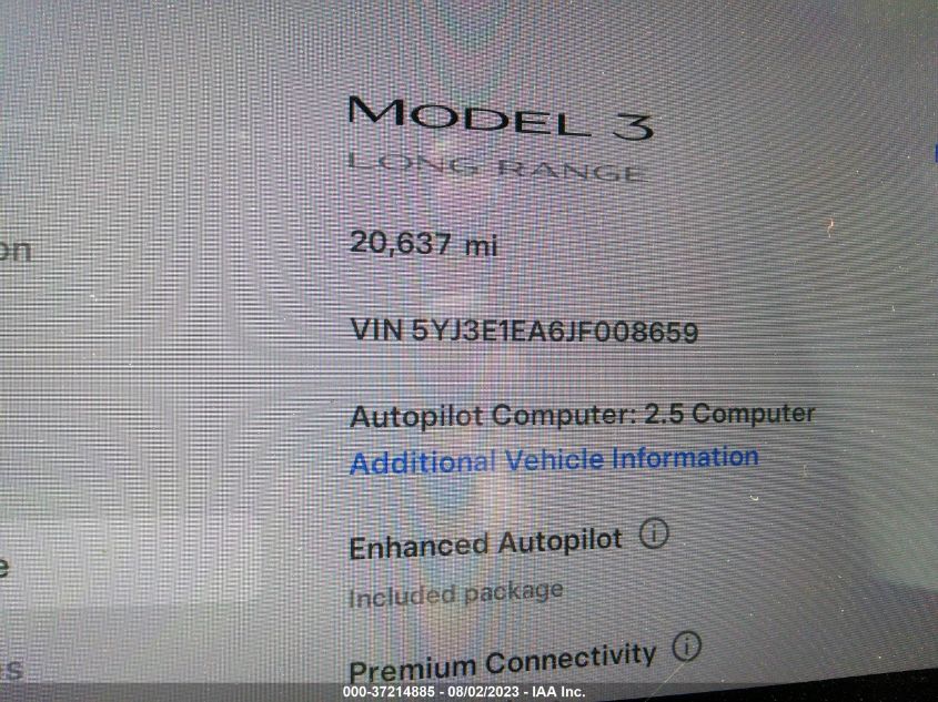 2018 TESLA MODEL 3 RANGE BATTERY - 5YJ3E1EA6JF008659