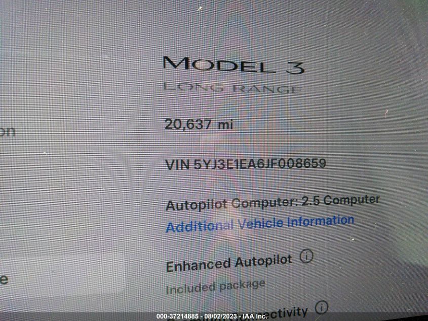 2018 TESLA MODEL 3 RANGE BATTERY - 5YJ3E1EA6JF008659