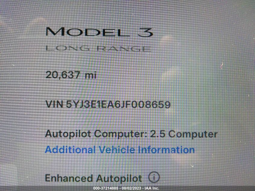 2018 TESLA MODEL 3 RANGE BATTERY - 5YJ3E1EA6JF008659