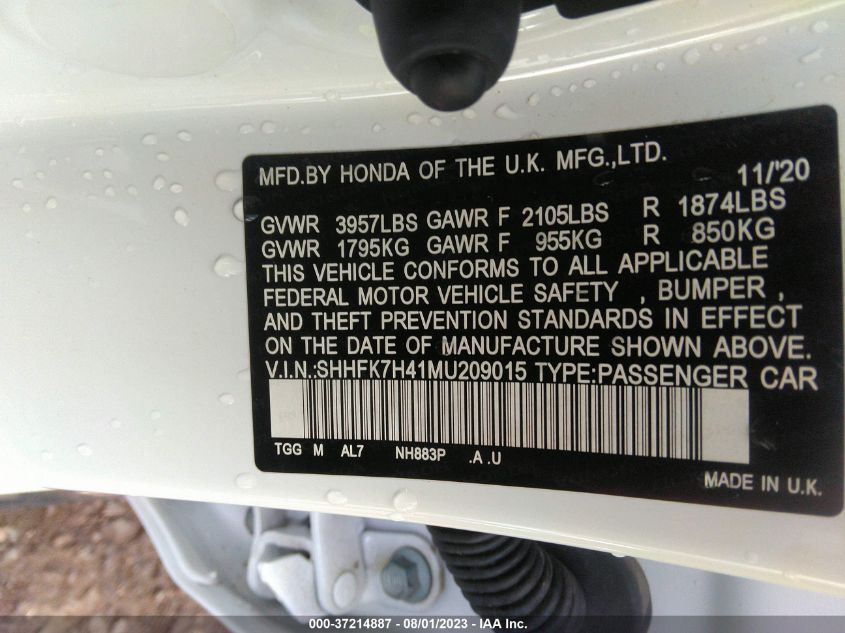 2021 HONDA CIVIC HATCHBACK SPORT - SHHFK7H41MU209015