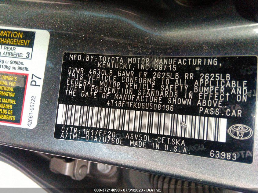 2016 TOYOTA CAMRY SE W/SPECIAL EDITION PKG - 4T1BF1FK0GU508196