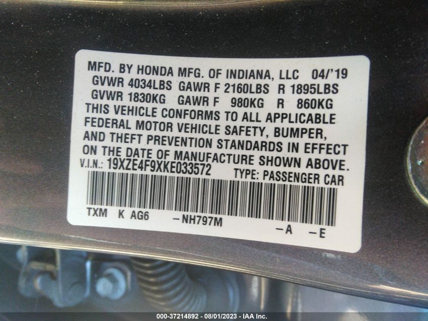 2019 HONDA INSIGHT TOURING - 19XZE4F9XKE033572