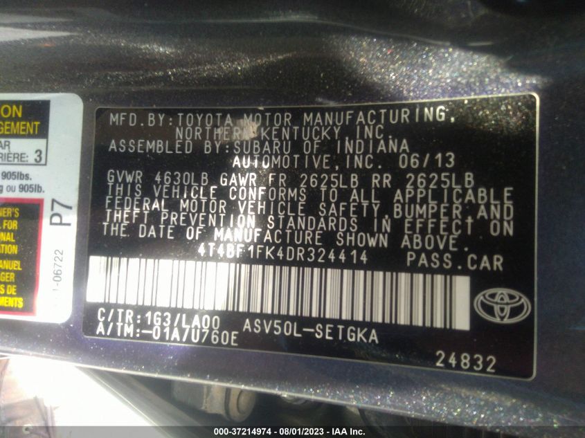 2013 TOYOTA CAMRY XLE - 4T4BF1FK4DR324414