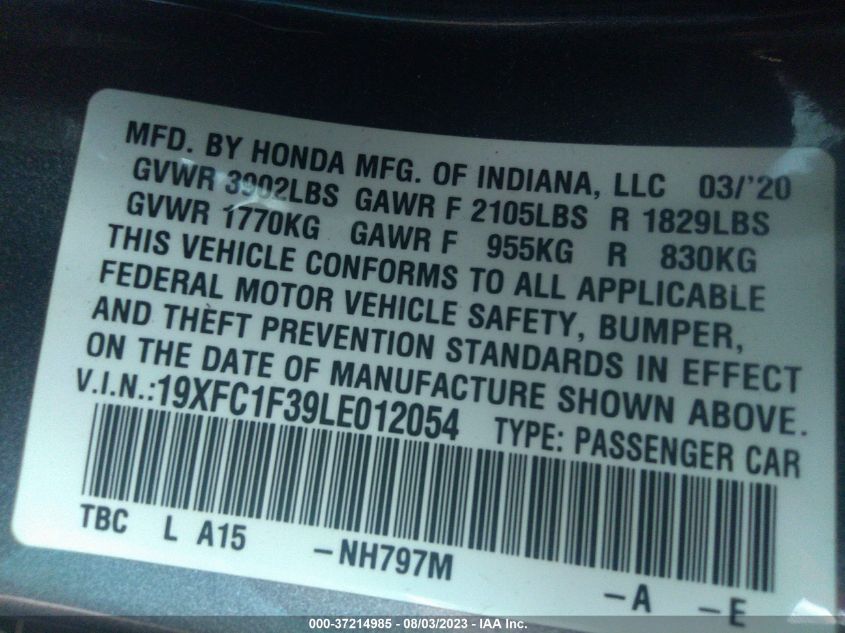 2020 HONDA CIVIC SEDAN EX - 19XFC1F39LE012054