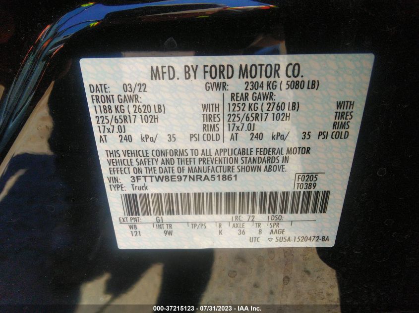 2022 FORD MAVERICK XL/XLT/LARIAT - 3FTTW8E97NRA51861