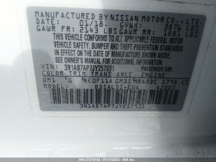 2018 NISSAN SENTRA SV - 3N1AB7AP7JY257931