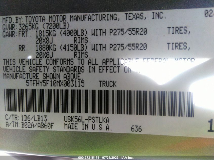 2021 TOYOTA TUNDRA 4WD LIMITED 5TFHY5F10MX003115