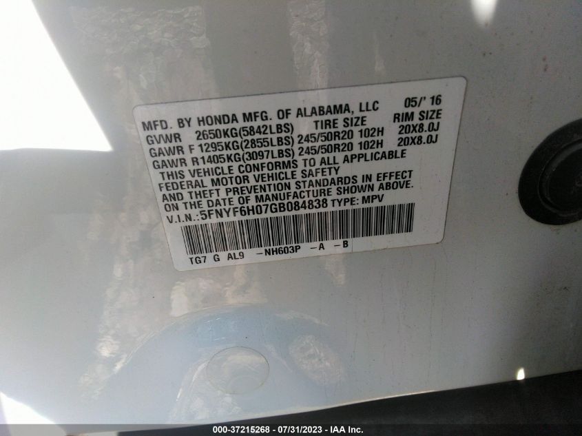 2016 HONDA PILOT ELITE - 5FNYF6H07GB084838