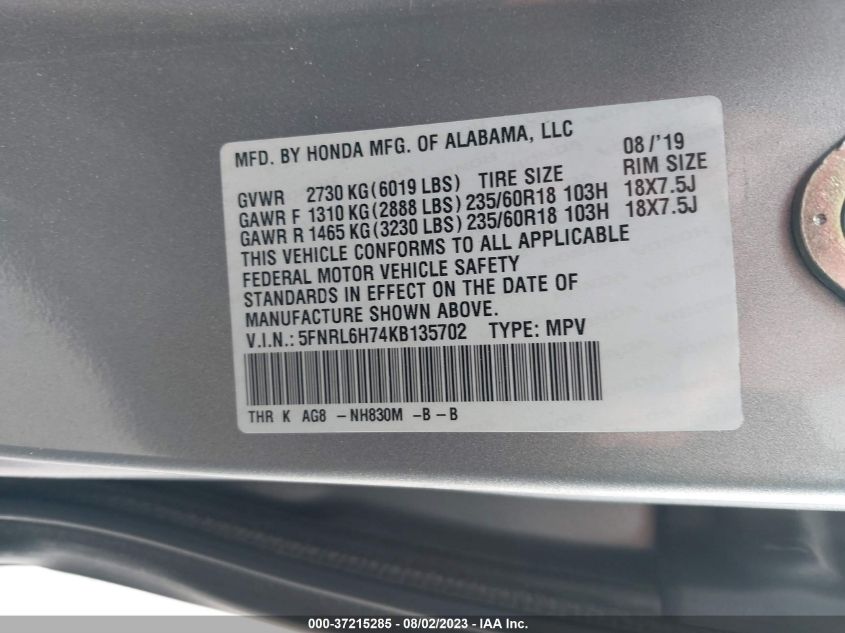 5FNRL6H74KB135702 2019 HONDA ODYSSEY, photo no. 9