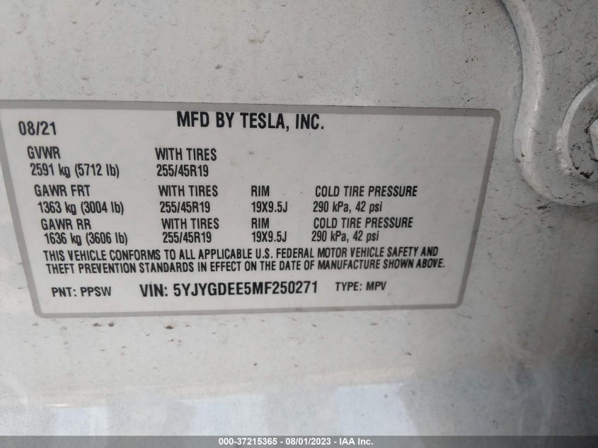 2021 TESLA MODEL Y LONG RANGE - 5YJYGDEE5MF250271