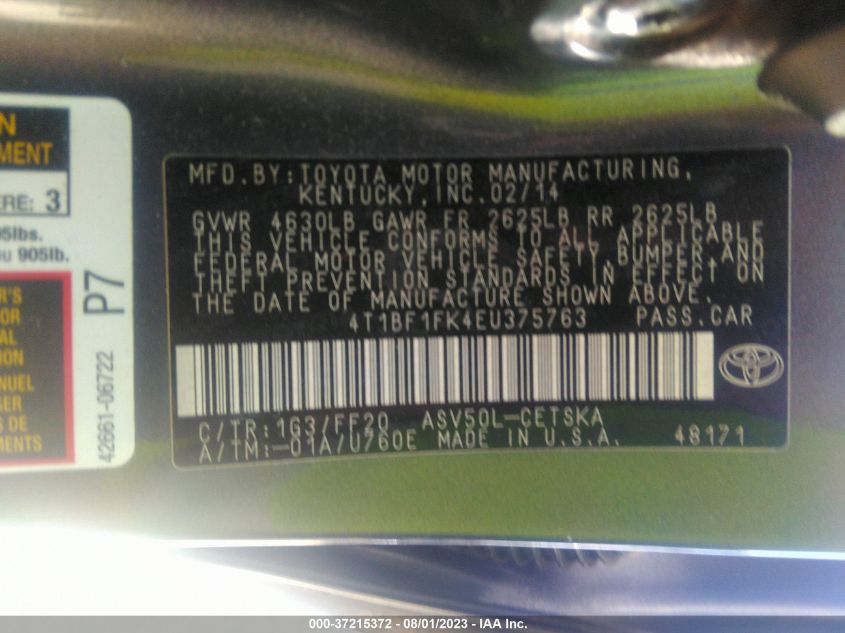 2014 TOYOTA CAMRY L/LE/XLE/SE/SE SPORT - 4T1BF1FK4EU375763