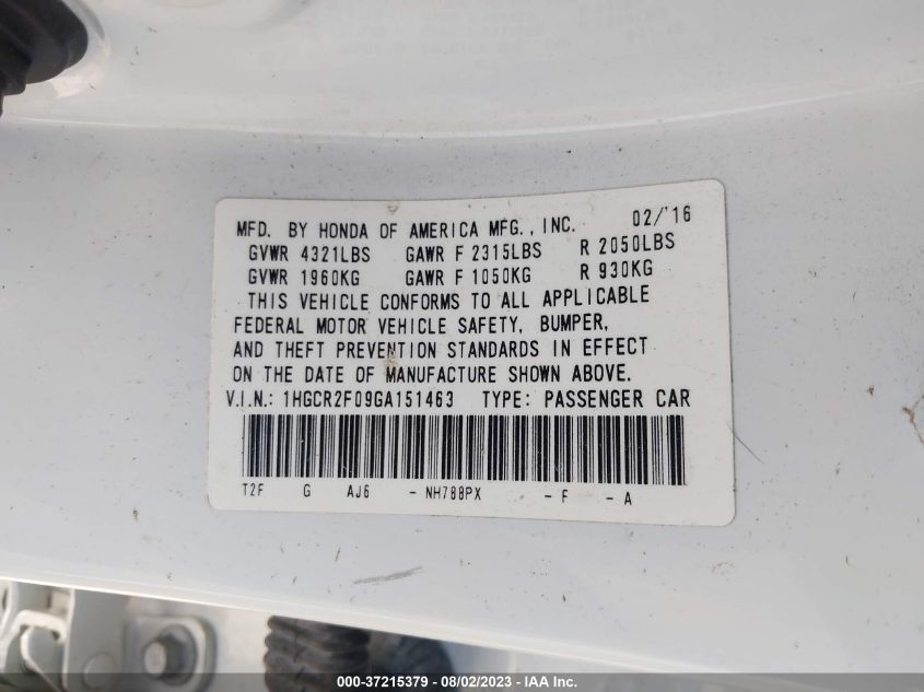 2016 HONDA ACCORD SEDAN EX - 1HGCR2F09GA151463