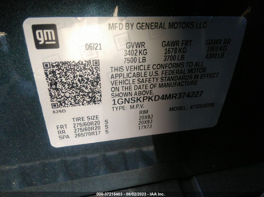 2021 CHEVROLET TAHOE Z71 - 1GNSKPKD4MR374227