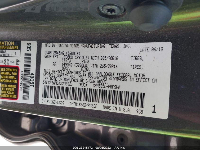 2019 TOYOTA TACOMA 4WD SR/SR5/TRD SPORT - 5TFCZ5AN6KX202121
