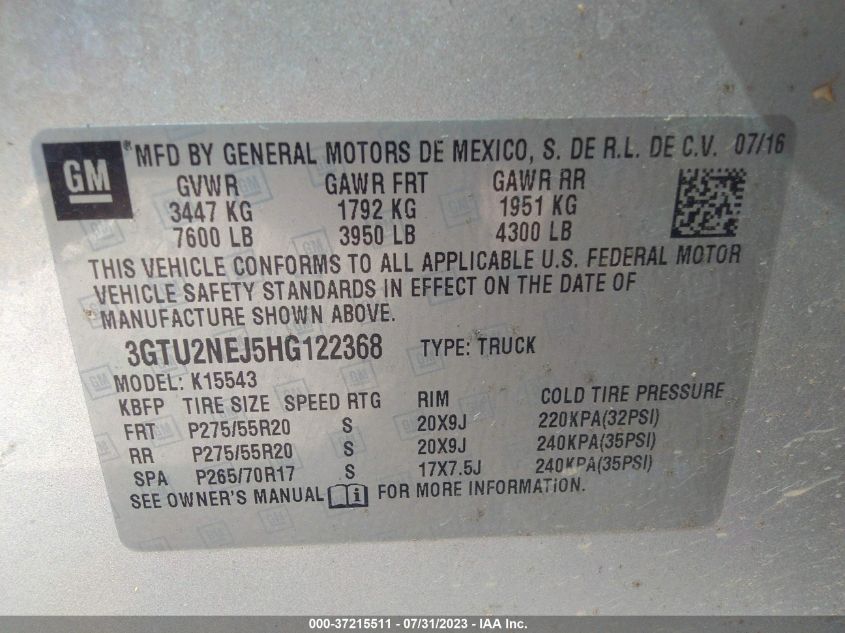 2017 GMC SIERRA 1500 SLT - 3GTU2NEJ5HG122368