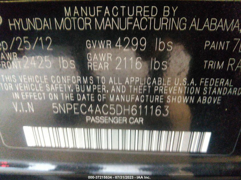 2013 HYUNDAI SONATA LIMITED PZEV - 5NPEC4AC5DH611163