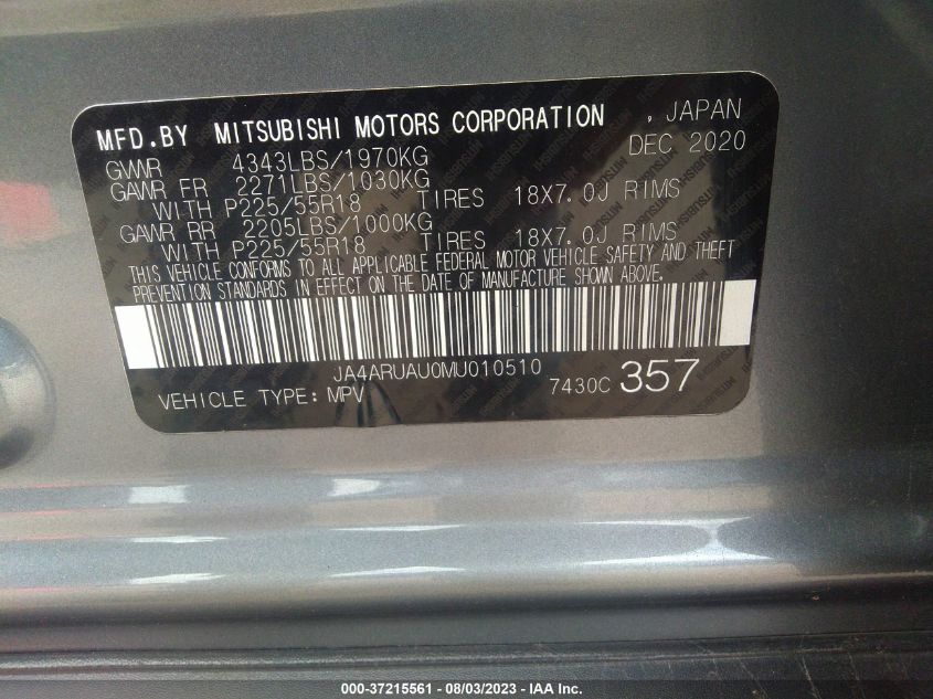 2021 MITSUBISHI OUTLANDER SPORT ES/SE/LE/BE - JA4ARUAU0MU010510