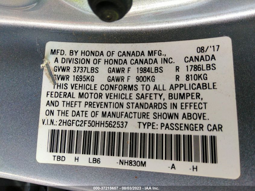 2017 HONDA CIVIC SEDAN LX - 2HGFC2F50HH562537