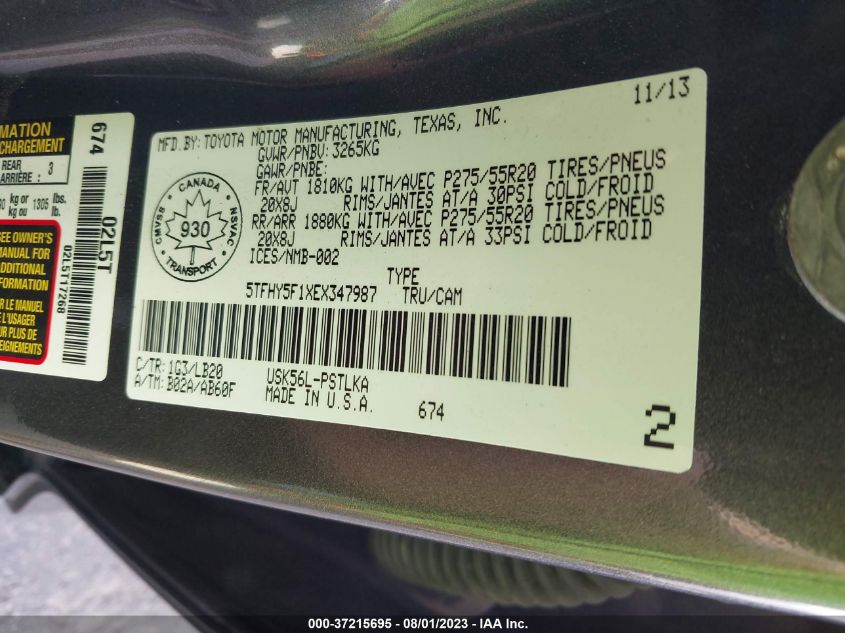 2014 TOYOTA TUNDRA 4WD TRUCK LTD 5TFHY5F1XEX347987