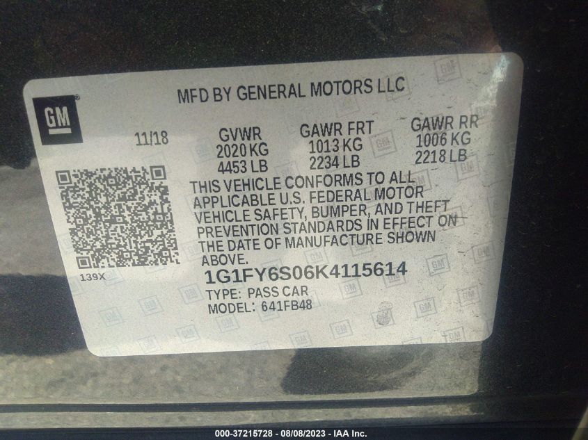 2019 CHEVROLET BOLT EV LT - 1G1FY6S06K4115614