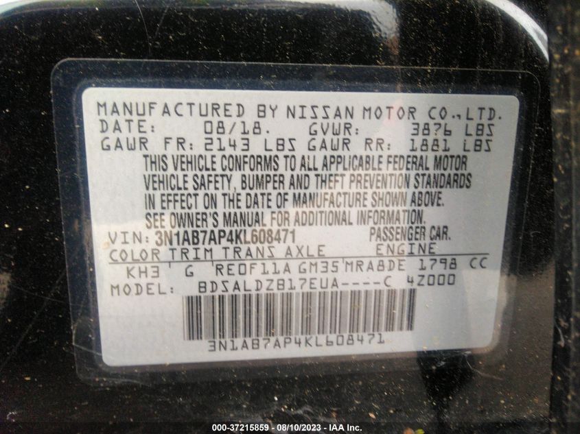 2019 NISSAN SENTRA SV - 3N1AB7AP4KL608471
