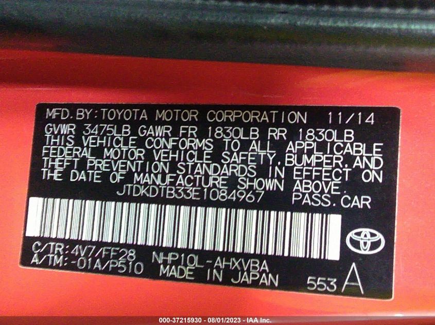 2014 TOYOTA PRIUS C ONE/THREE/TWO/FOUR - JTDKDTB33E1084967