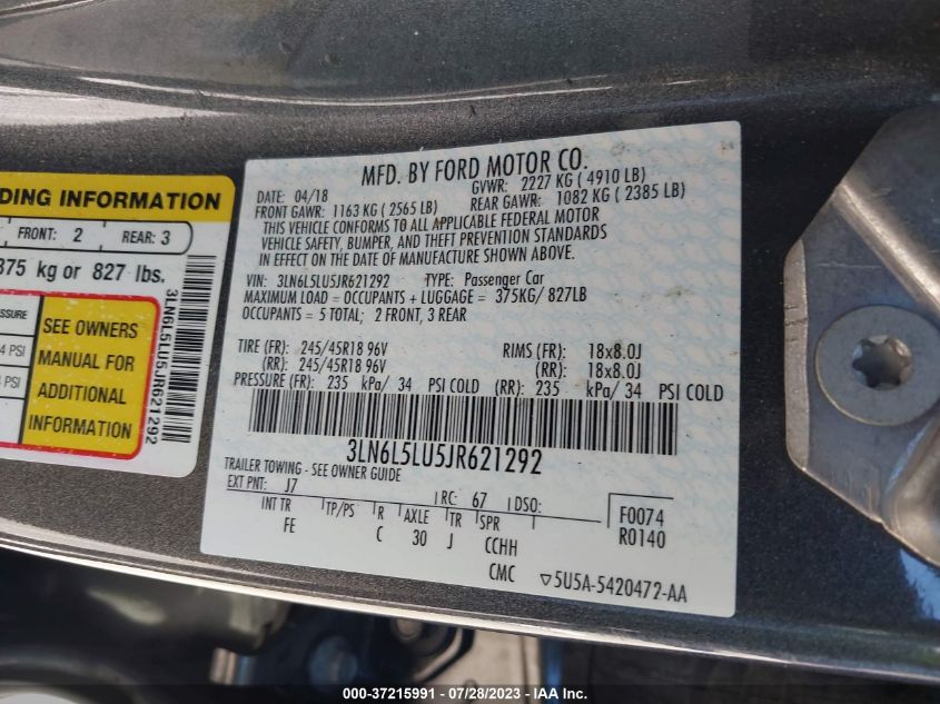 2018 LINCOLN MKZ HYBRID SELECT - 3LN6L5LU5JR621292