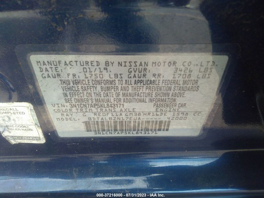2019 NISSAN VERSA SEDAN SV - 3N1CN7AP5KL843171