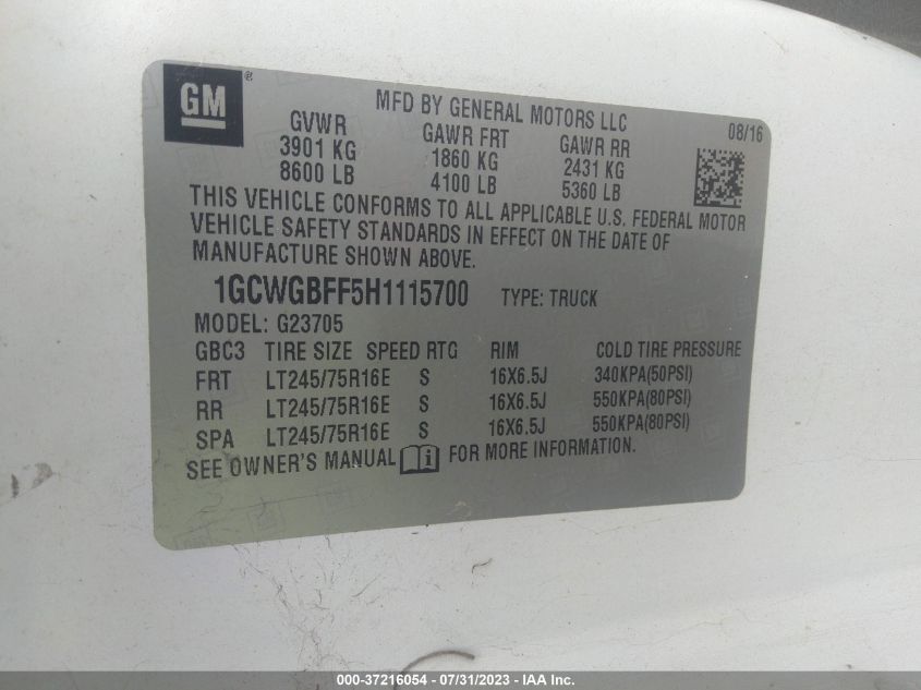 2017 CHEVROLET EXPRESS CARGO VAN - 1GCWGBFF5H1115700
