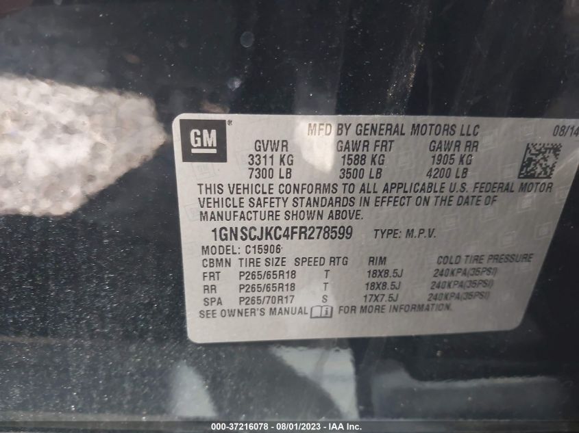2015 CHEVROLET SUBURBAN LT - 1GNSCJKC4FR278599