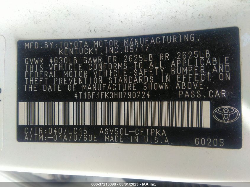 2017 TOYOTA CAMRY XLE/SE/LE/XSE - 4T1BF1FK3HU790724