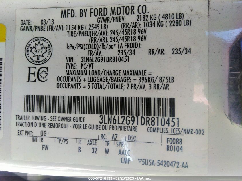 2013 LINCOLN MKZ - 3LN6L2G91DR810451